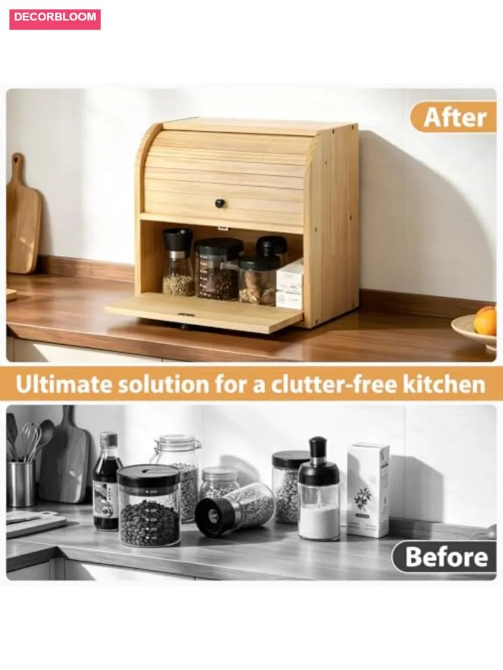 Solid Pine Wood 2-Tier Roll Top Bread Box with Magnetic Cutting Board